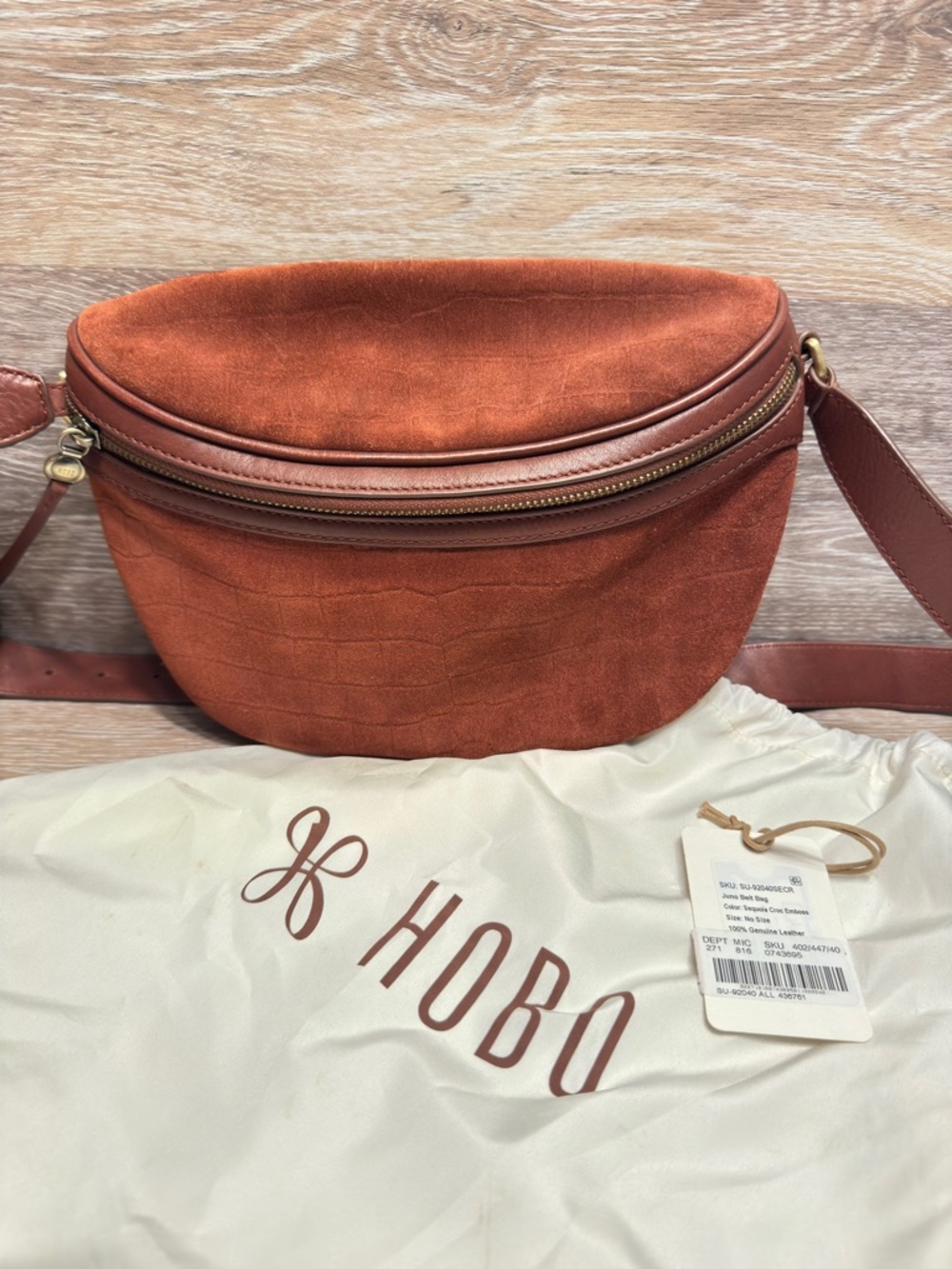 Hobo Juno Belt Bag In Sequoia with Dust Bag Embossed Suede Croc Brass Hardware